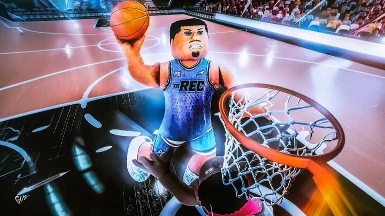 Official thumbnail of a player in a blue THE REC jersey dunking in an indoor arena.